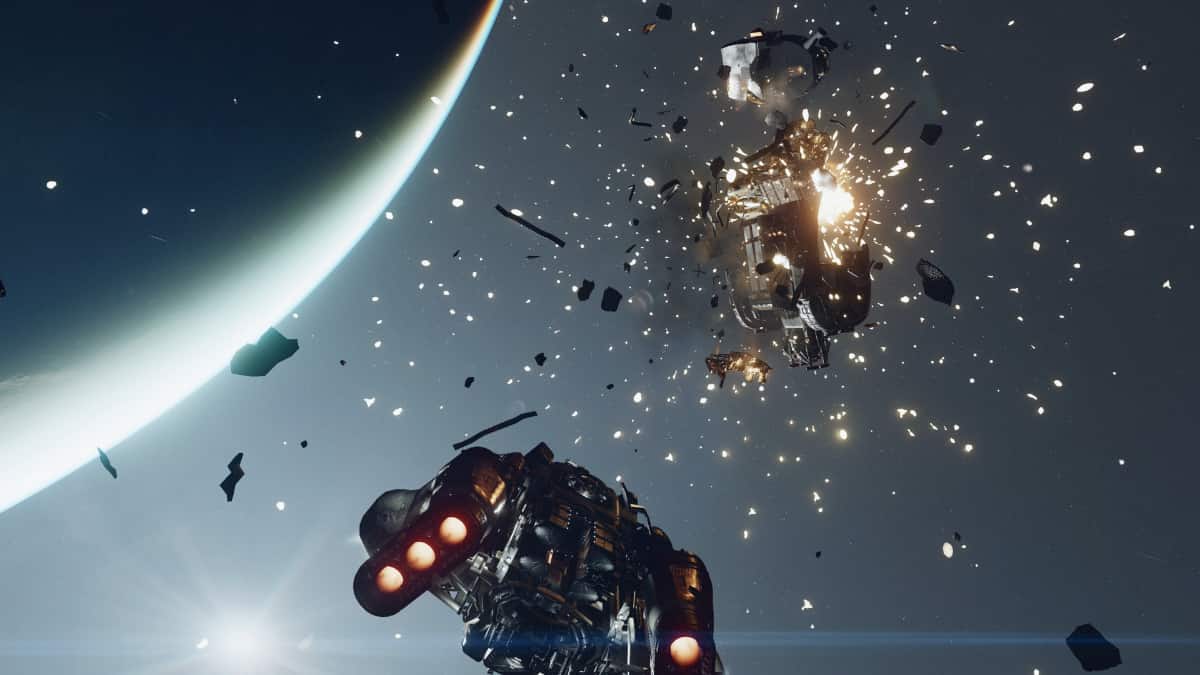 Starfield screenshot of a space battle.