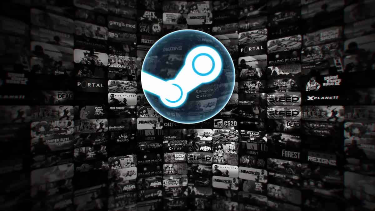 Image showing the Steam logo in front of many game titles.
