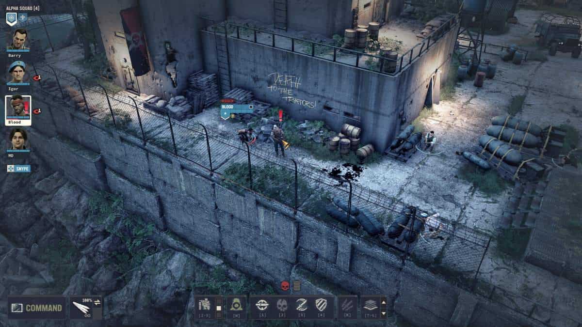 Pierre is targeted inside the base in Jagged Alliance 3
