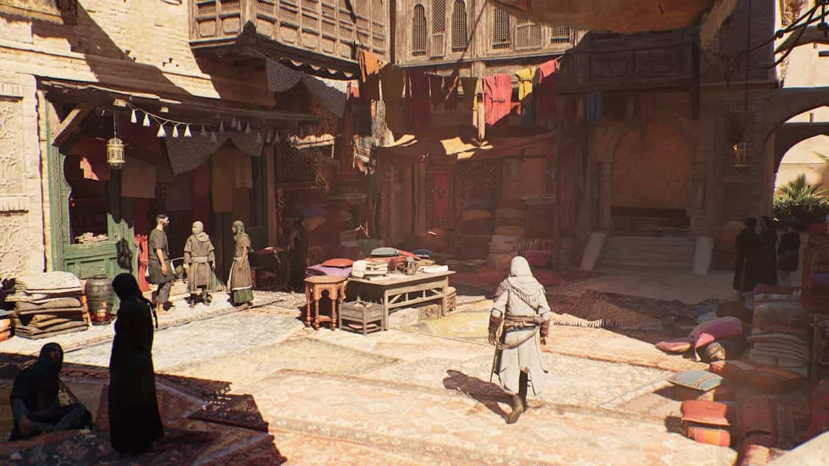 Assassin's Creed Mirage Basim walking through a marketplace