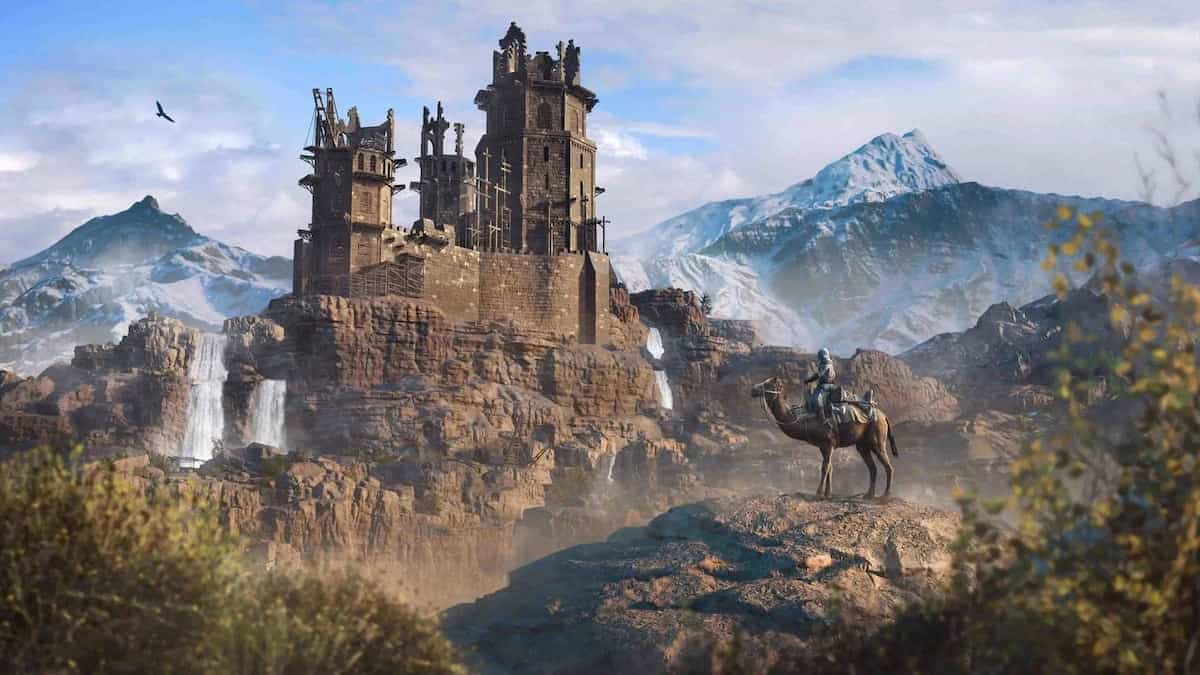 Assassin's Creed Mirage assassin riding a camel in front of a ruined castle