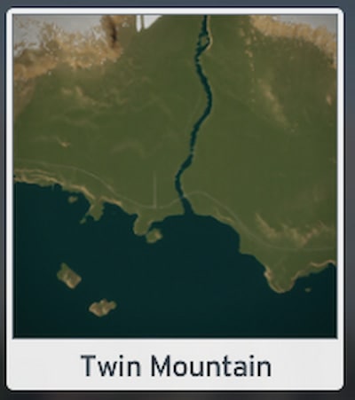 Image de la disposition de la carte Twin Mountain dans Cities Skylines 2.