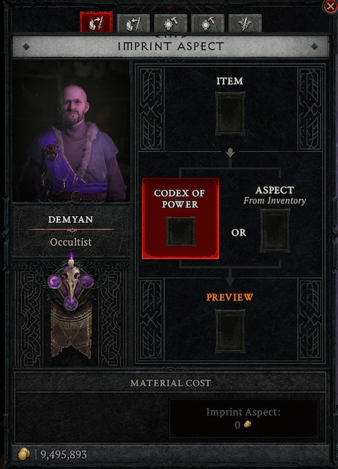 Image of the Occultist Imprint Aspect crafting menu in Diablo 4.