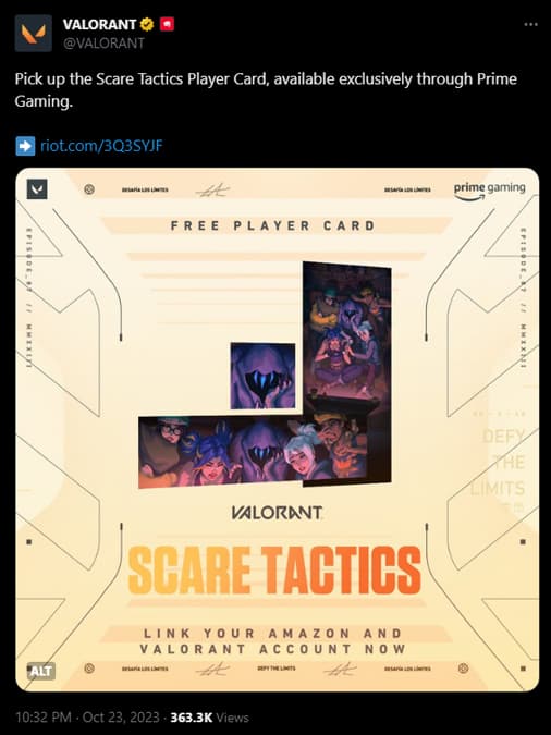 How to get Scare Tactics Valorant player card through Prime Gaming?