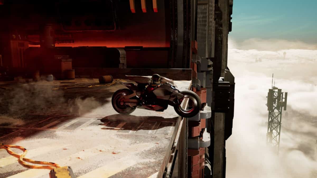Jack about to jump off on a bike in Ghostrunner 2.