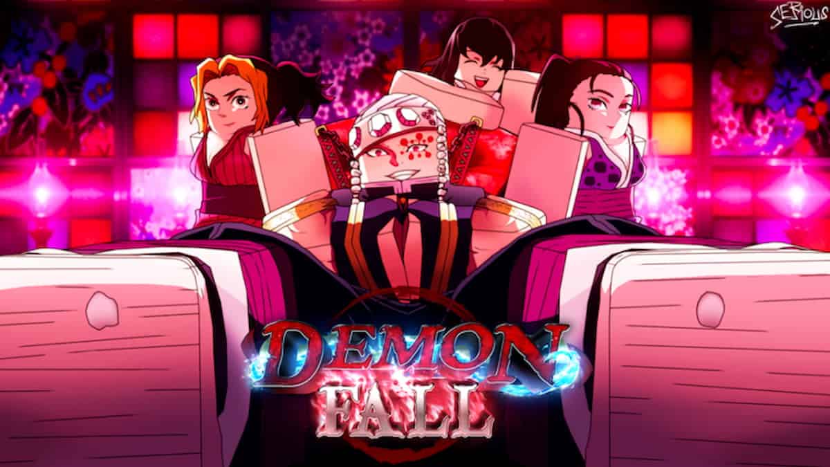 Image of Demonfall, Demon Slayer Characters. In the middle is Tengen Uzui sitting down. In the background are the characters Makio, Suma and Hinatsuru.