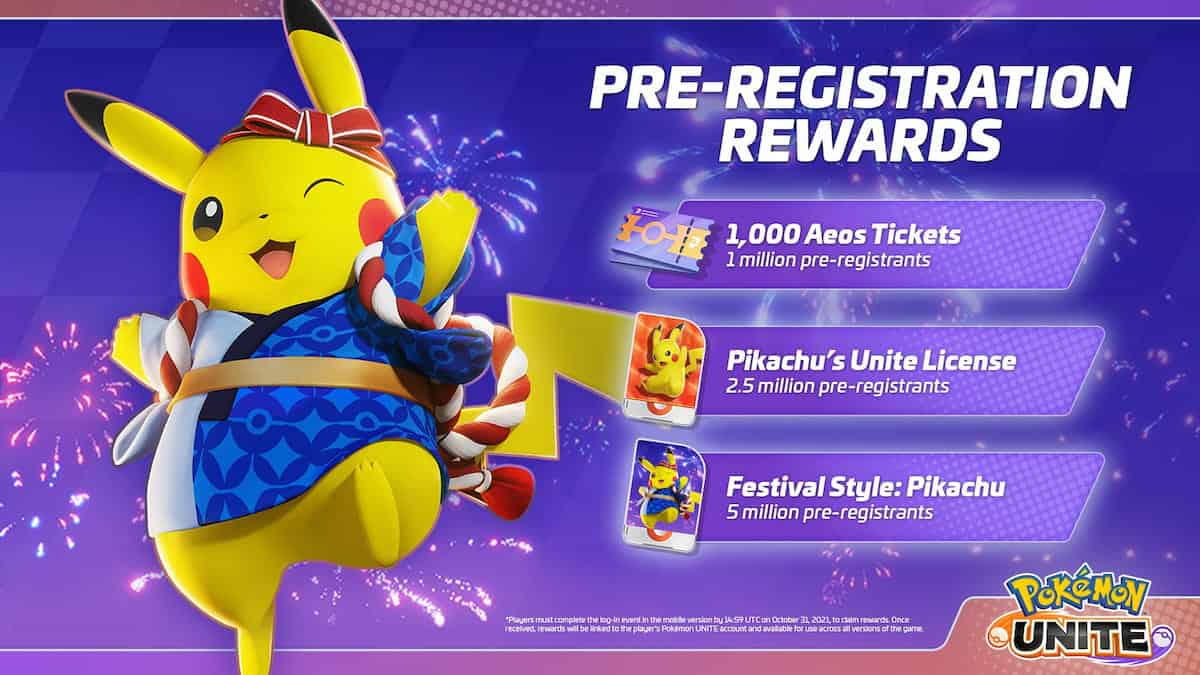 Image showing a Pikachu in Holowear from Pokemon Unite. The Pikachu is dressed in a japanese festival outfit and to the right of it shows the rewards for pre-registration.