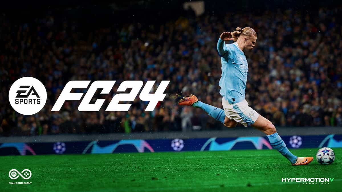 Key art image of a football player kicking the ball in EA Sports FC 24.