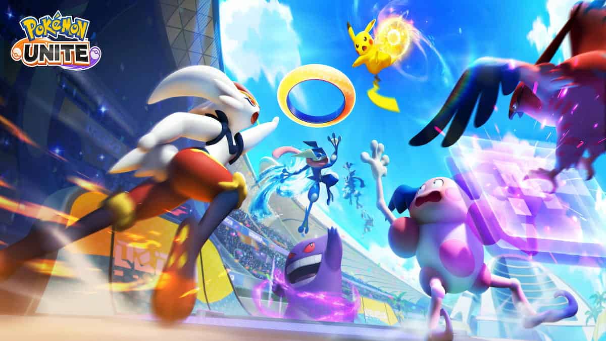 Image of Pokemon Unite game in motion. With Multiple Pokemon such as a Pikachu, Genga, Mr Mime and others fighting each other.