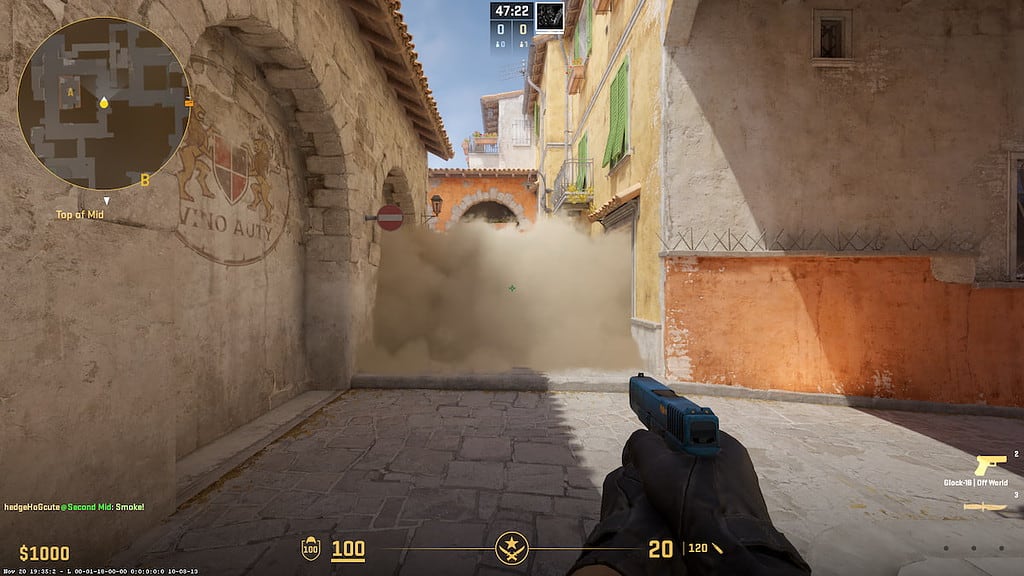 Image of smoke near A bomb site on map Inferno in CS2
