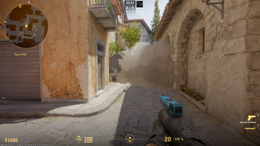 Image of smoke near A bomb site on map Inferno in CS2