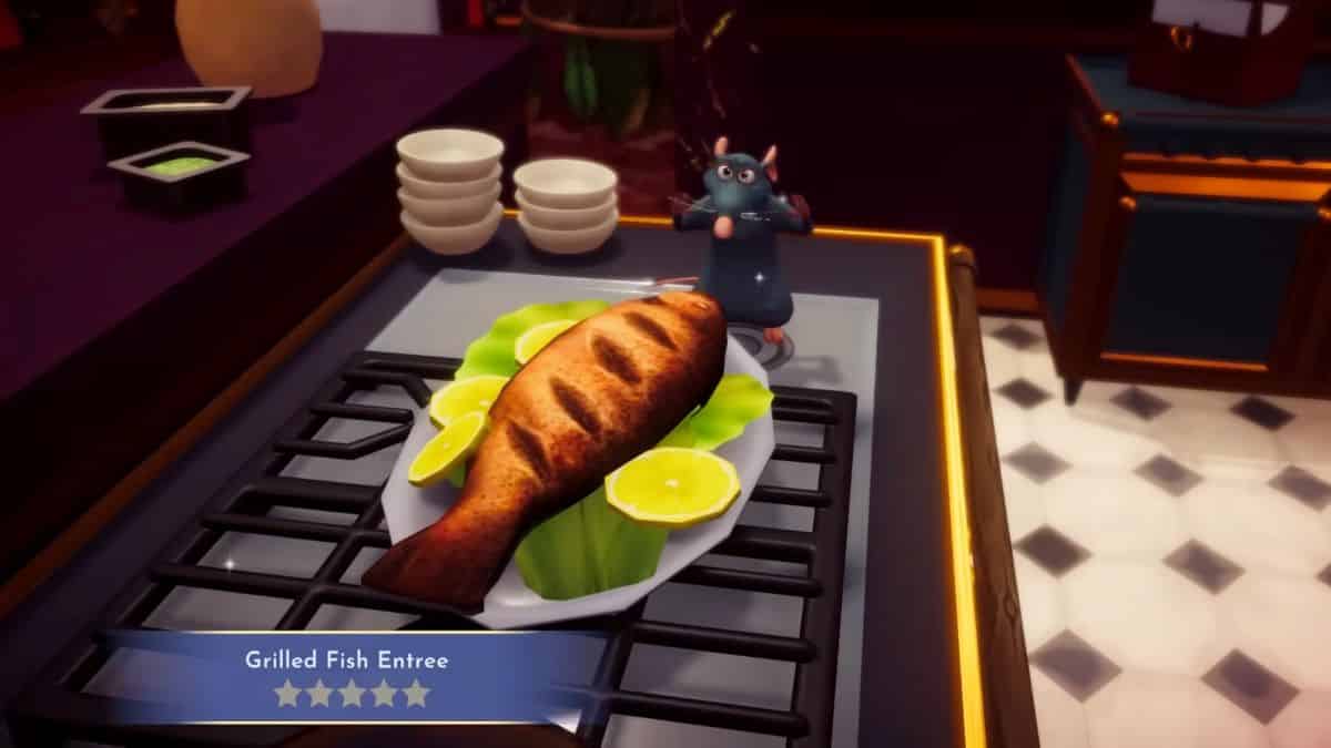 Player and Remy cook Grilled Fish recipe in Disney Dreamlight Valley