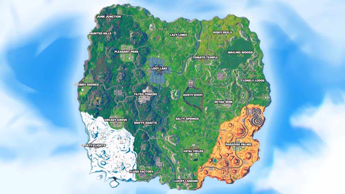 An image of in-game Fortnite OG map, including all classic locations.