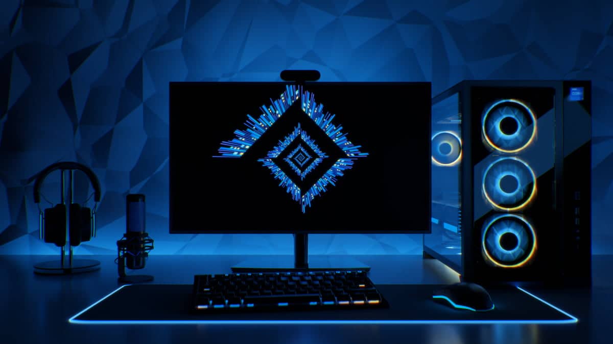 Image of a blue Intel gaming PC setup.