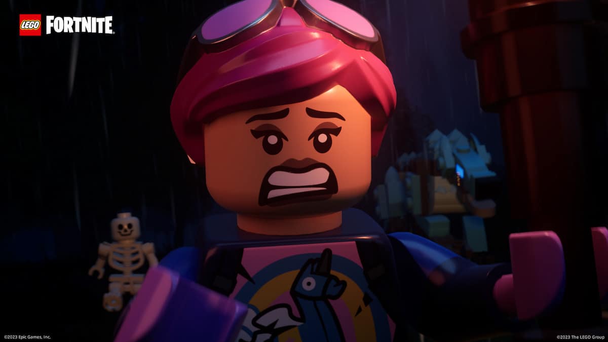 Fortnite LEGO image of a character running away from monsters