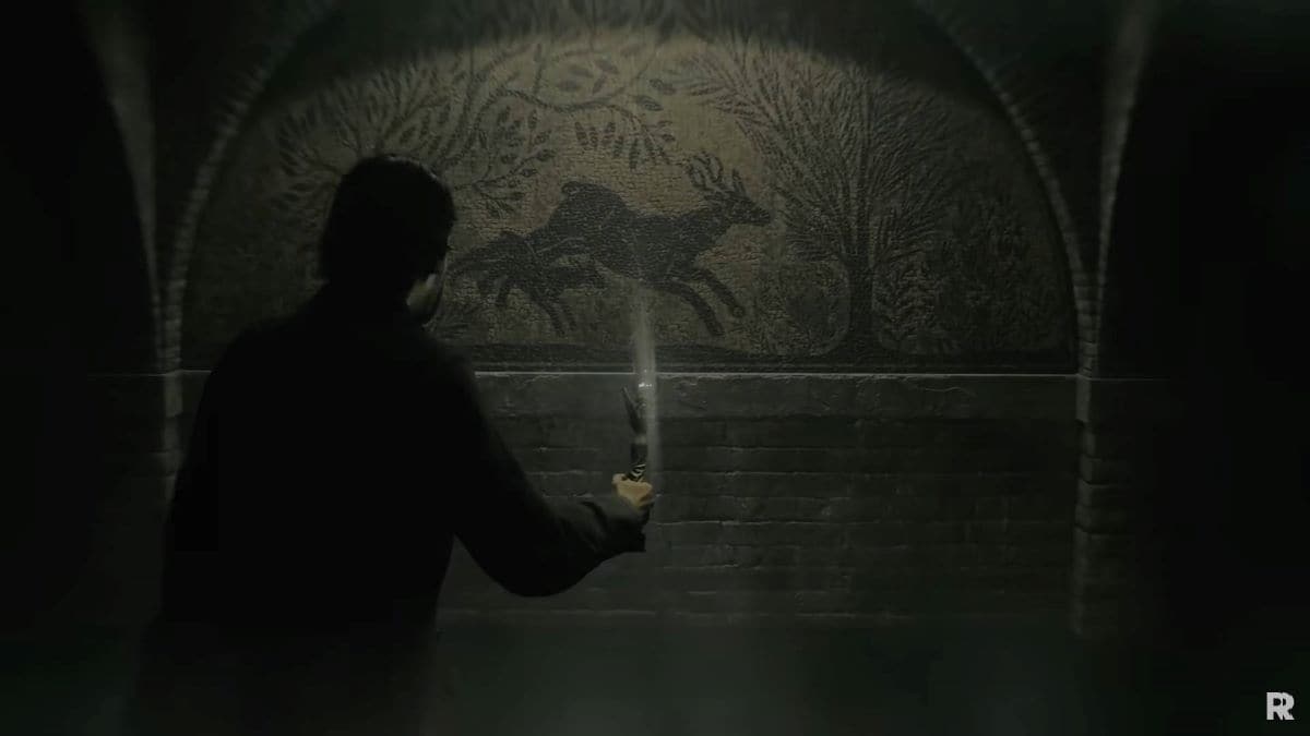 Alan Wake shines flashlight on an image of a deer in Alan Wake 2