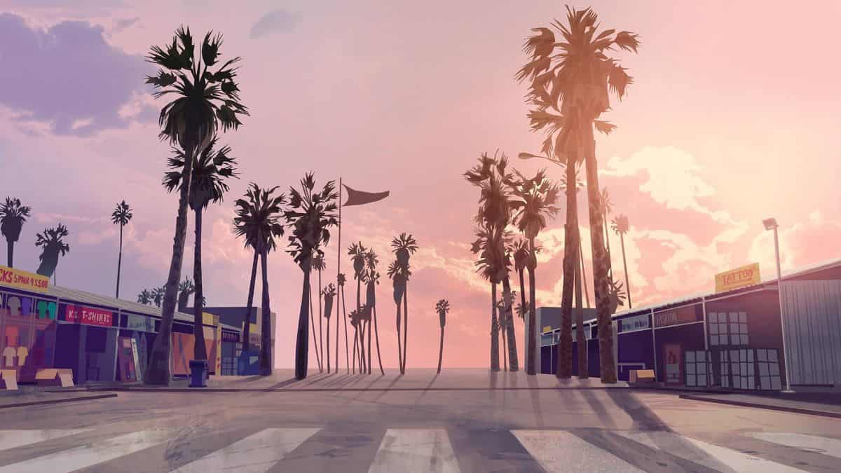 Street lined with palm trees at sunset in GTA 5
