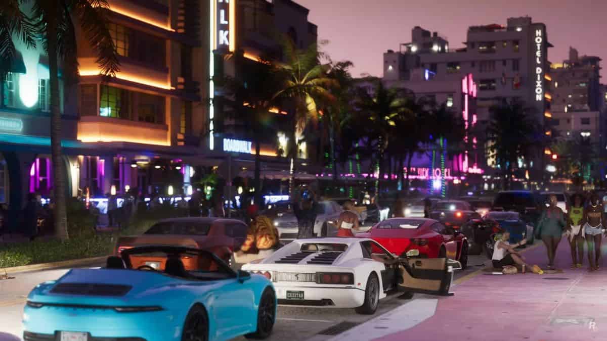 Vice City locals park along a busy street at night in GTA 6