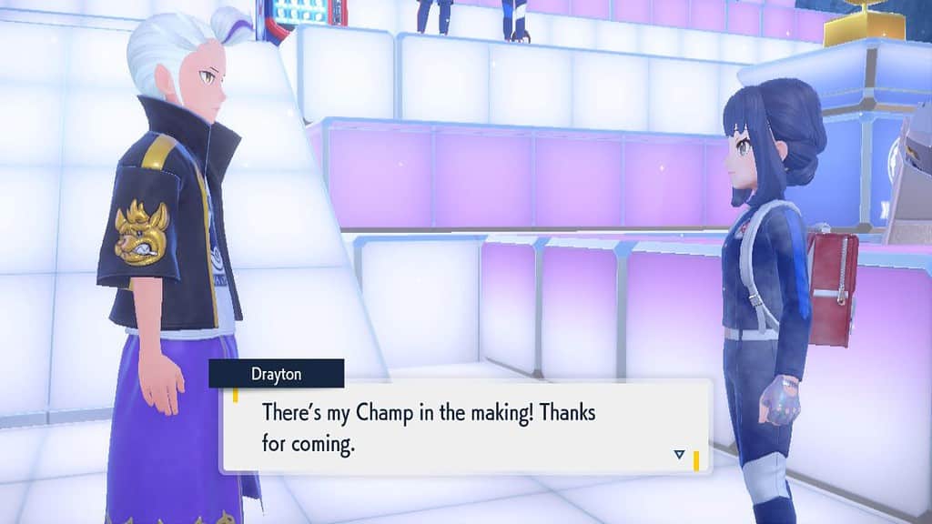 Player challenges Drayton to BB League battle in the Indigo Disk DLC for Pokémon Scarlet and Violet