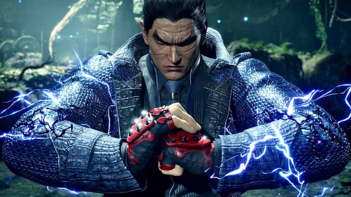 Tekken 8 image of a character in a blue jacket with lightning in the back