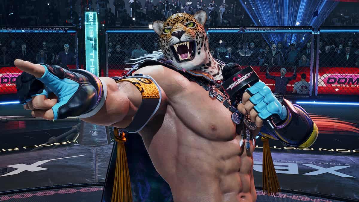 Tekken 8 character King speaking into a microphone