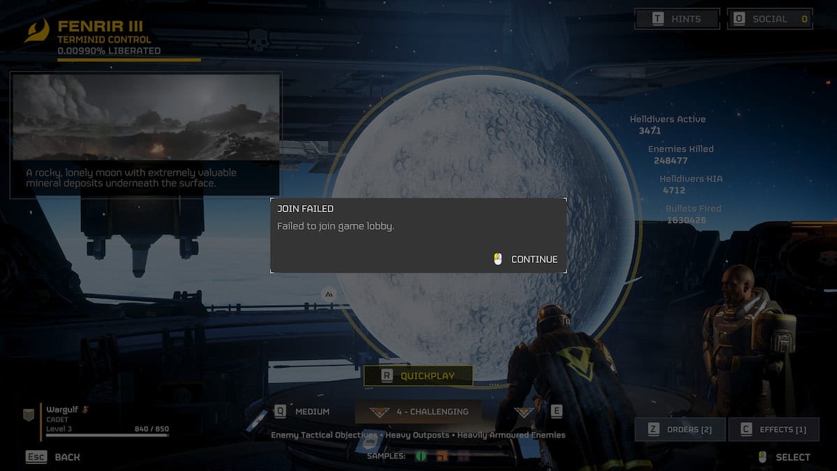 Helldivers 2 image of the 'Failed to join game lobby' error