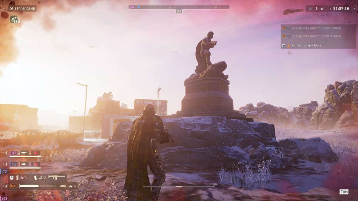 Player investigates a statue in Helldivers 2