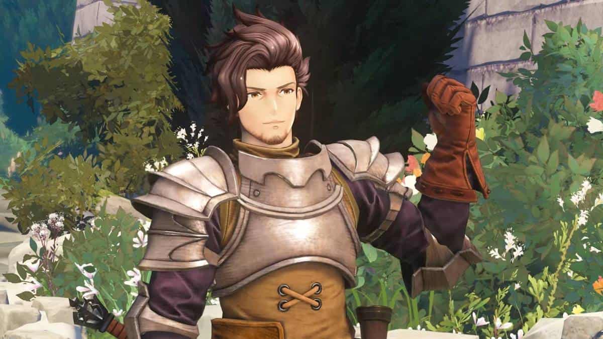 Rackam waves to an offscreen character in Granblue Fantasy: Relink