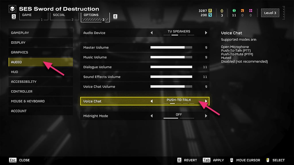 Image of the Audio options in Helldivers 2, focused on Push-to-Talk option.