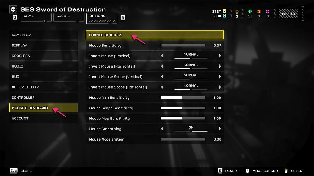 Image of the key bind selection option in Helldivers 2.