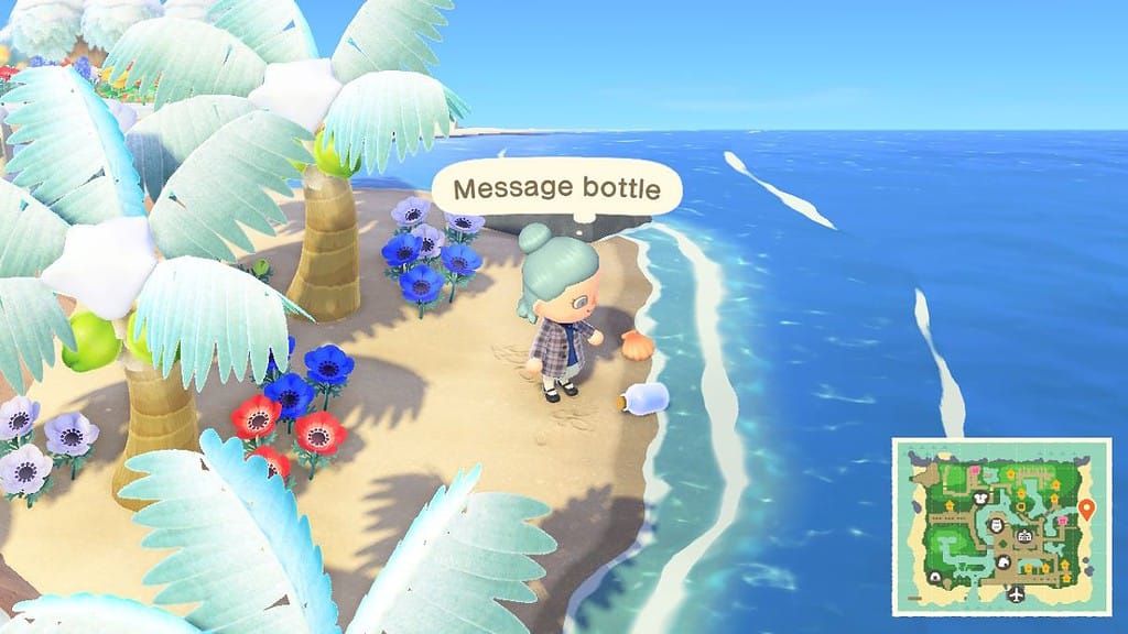 Player inspects a message bottle on the beach in Animal Crossing: New Horizons