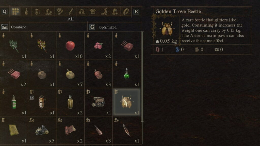 Dragon's Dogma 2 screensot of the inventory with Golden Trove Beetle selected