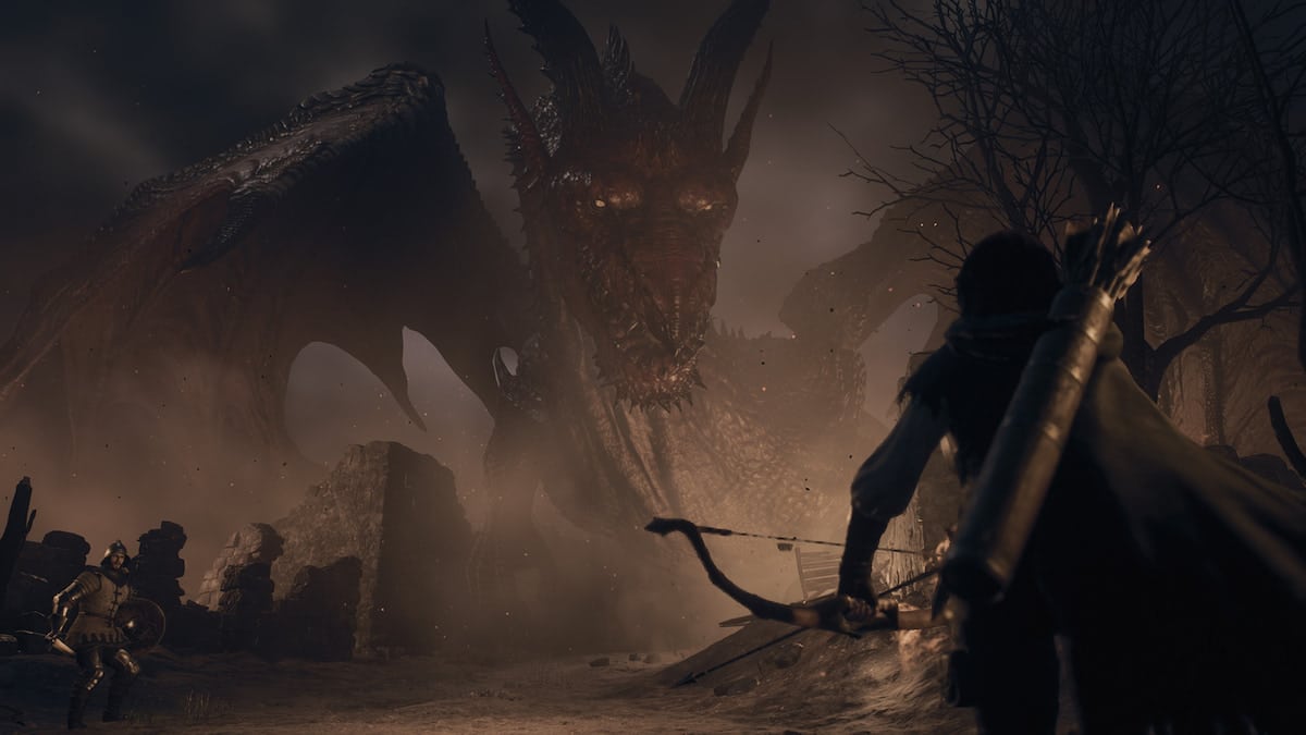 Dragon's Dogma image of two characers fighting a dragon.