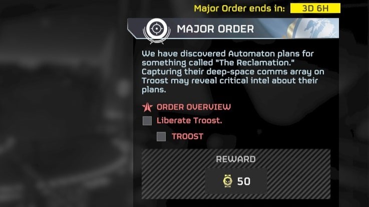 Helldivers 2 screenshot of the Liberate Troost Major Order