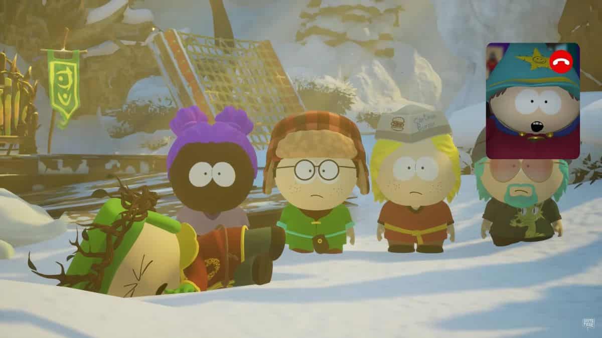 Cartman on a video call with Kyle and friends in South Park: Snow Day