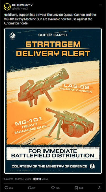 Helldivers 2 image of new laser canon and machine gun weapons