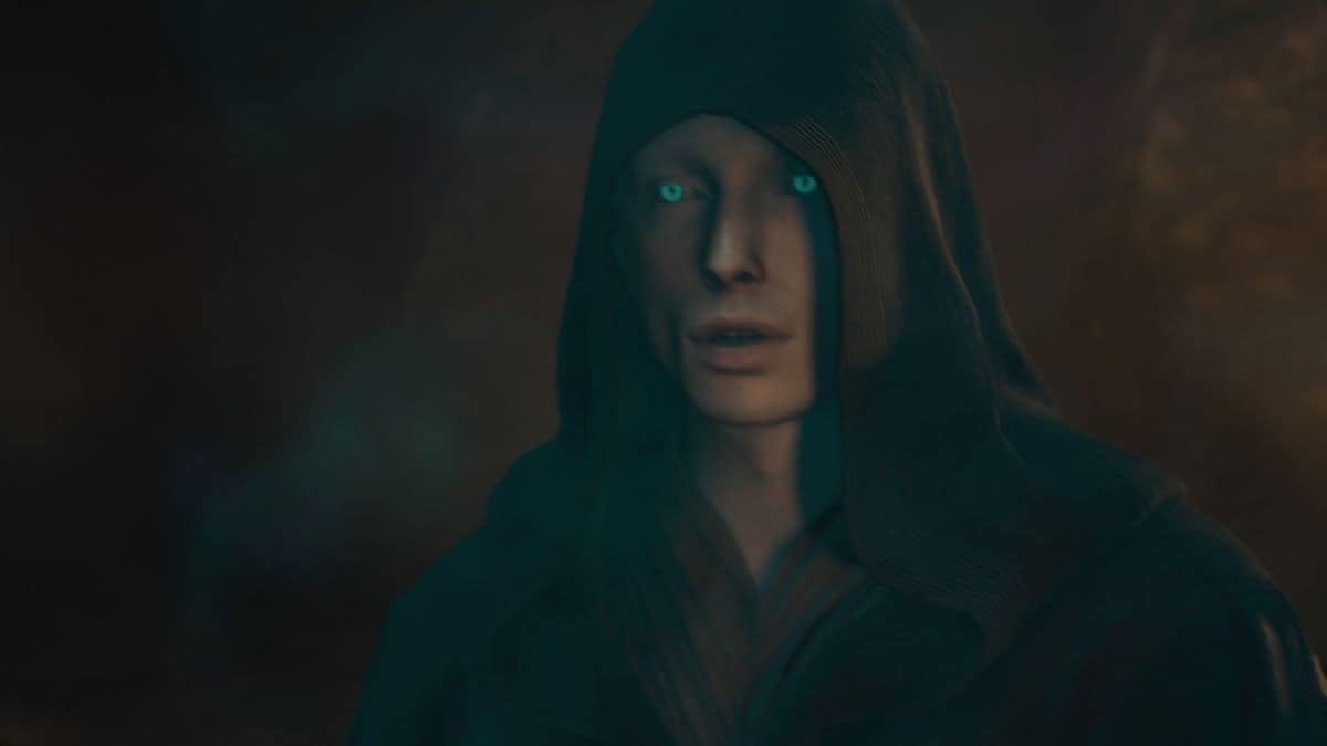 A hooded character with glowing blue eyes in Dragon's Dogma 2