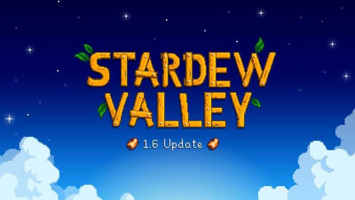 The Stardew Valley logo sits above clouds in a blue sky