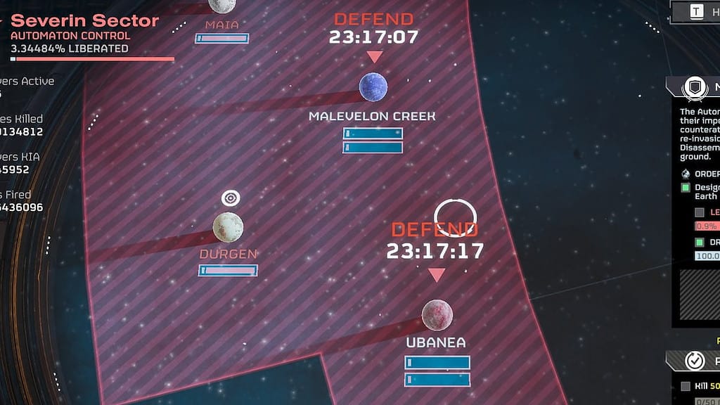 Helldivers 2 screenshot of the Galactic War table with Malevelon Creek and Ubanea on screen