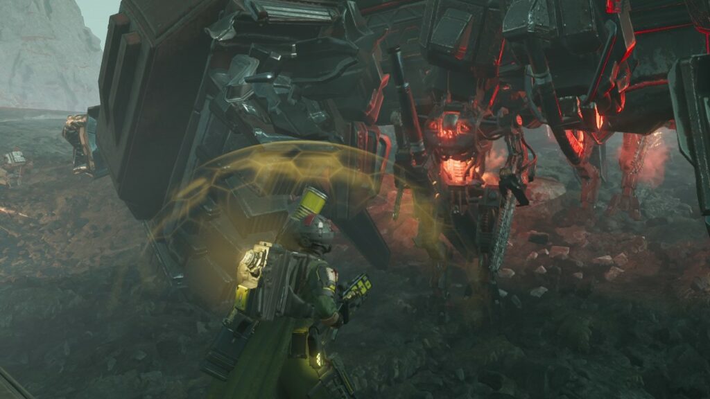 Helldivers 2 image of a downed Automaton Dropship with a trapped Berserker