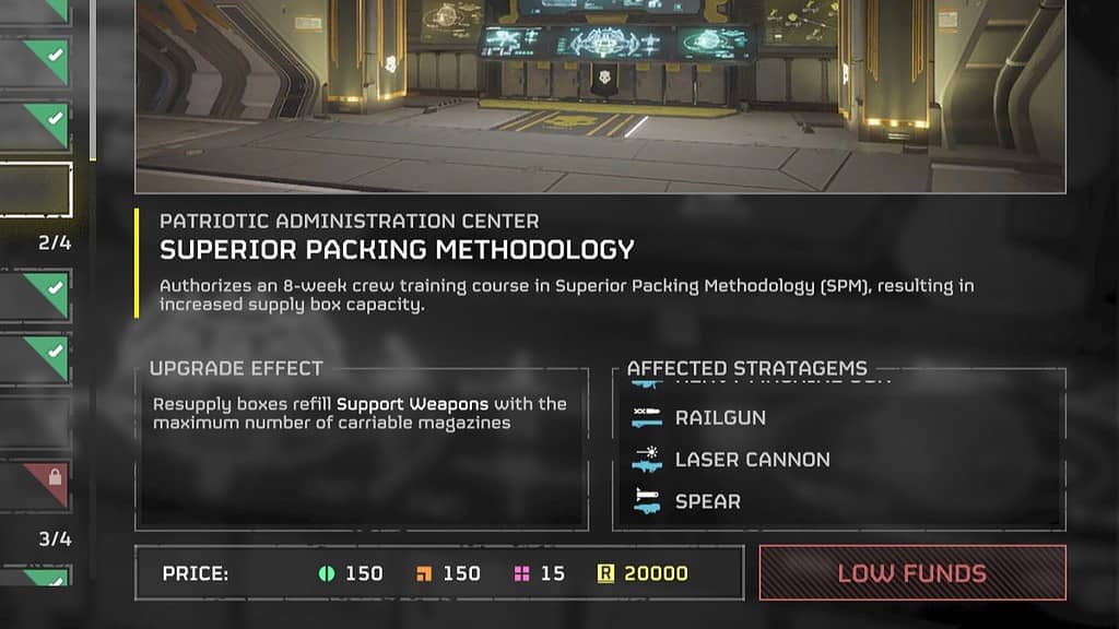 Helldivers 2 screenshot of the new Level 4 Ship upgarde Superior Packing Methodology