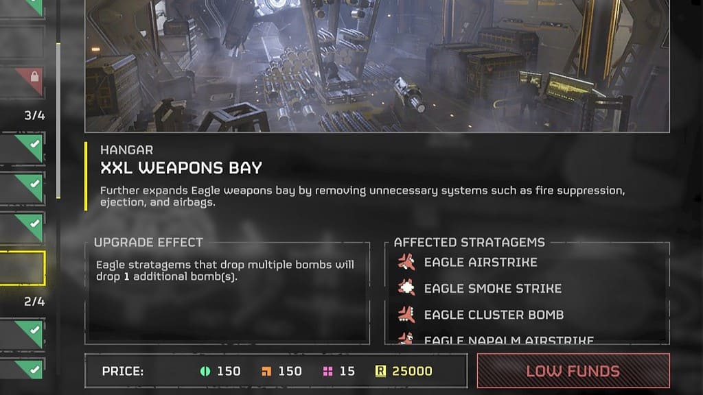 Helldivers 2 screenshot of the new Level 4 Ship upgrade XXL Weapons Bay