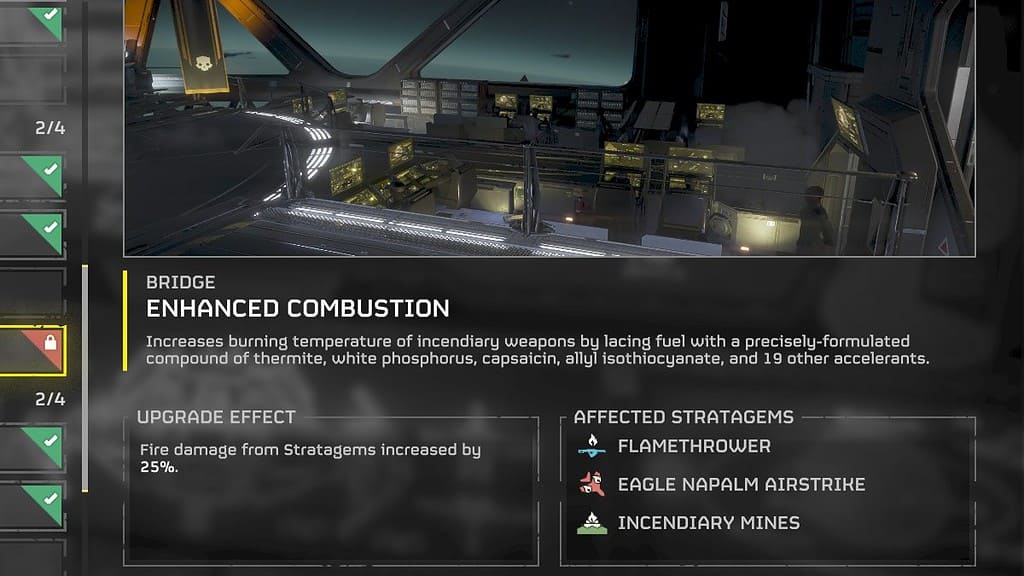Helldivers 2 screenshot of the new Level 4 Ship upgrade Enhanced Combustion