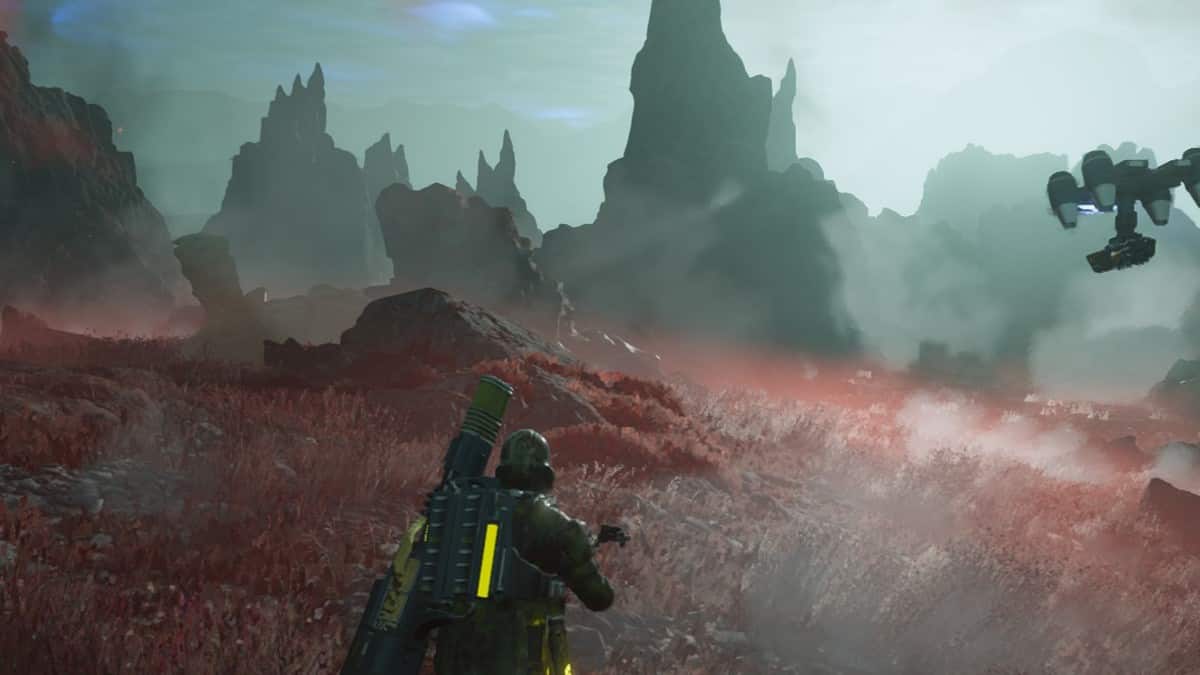 Helldivers 2 players planet variety looking at rocks in the distance