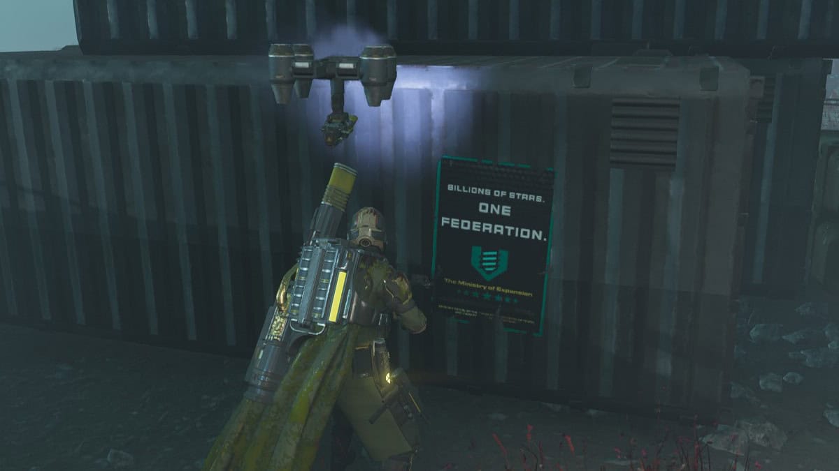 Helldivers 2 image of aplyer looking at a poster that says One Federation