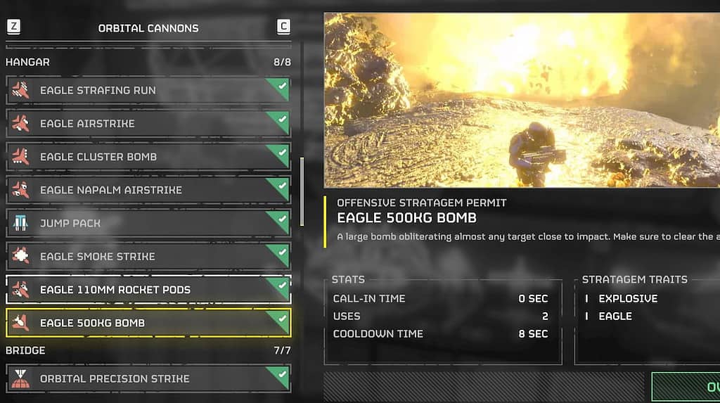 Helldivers 2 image of the Eagle 500kg Bomb in the Stratagems tab