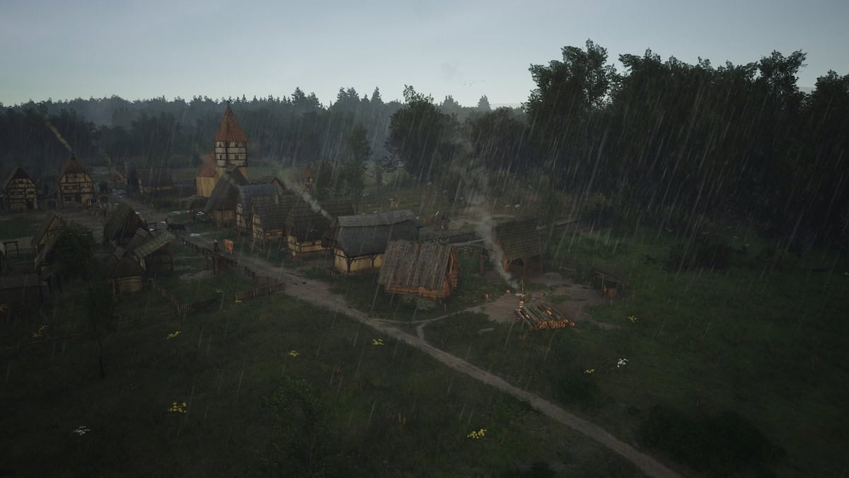 Manor Lords image of a village while it rains
