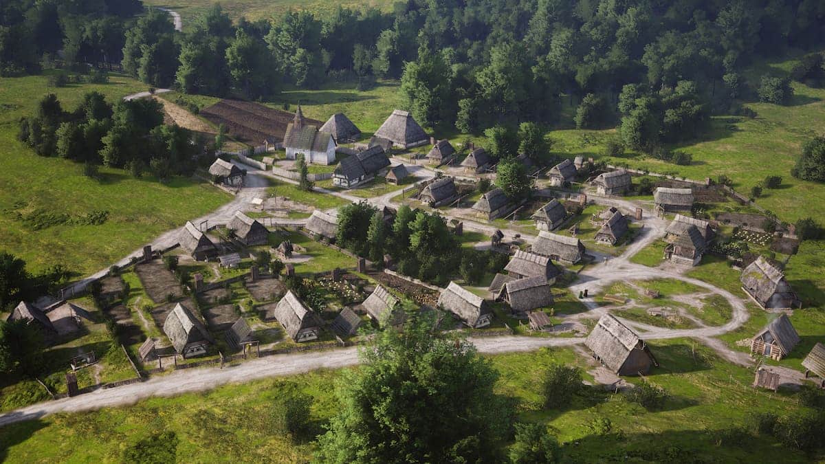 Screenshot of a village in Manor Lords