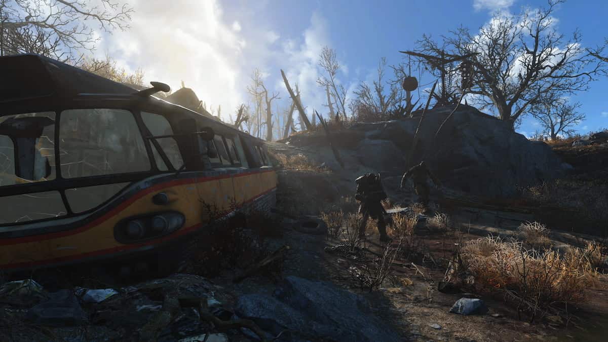 Screenshot of a landscape with two super mutants in Fallout 4