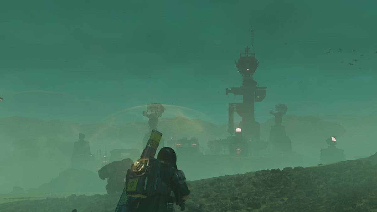 Helldivers 2 image of a player looking at a compound in distance